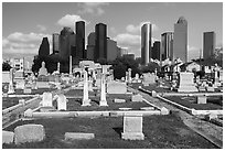 Congregation Beth Israel Cemetery and skyline. Houston, Texas, USA ( black and white)
