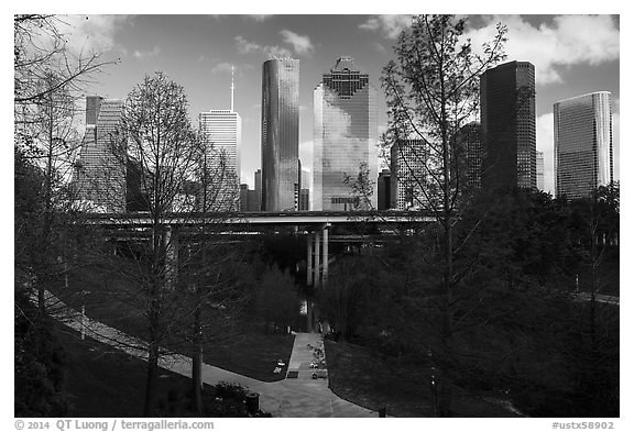 Skyline from park. Houston, Texas, USA (black and white)