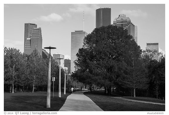 Park, trees, and skyline. Houston, Texas, USA (black and white)