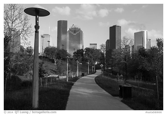 Path in park and skyline. Houston, Texas, USA (black and white)