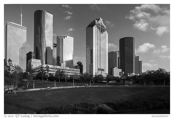 Lawn and Skyline District. Houston, Texas, USA (black and white)