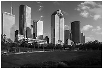 Lawn and Skyline District. Houston, Texas, USA ( black and white)