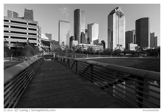 Footbridge and skyline. Houston, Texas, USA (black and white)