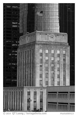 Mix of downtown buildings at dusk. Houston, Texas, USA (black and white)