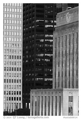 Detail of downtown buildings at dusk. Houston, Texas, USA (black and white)