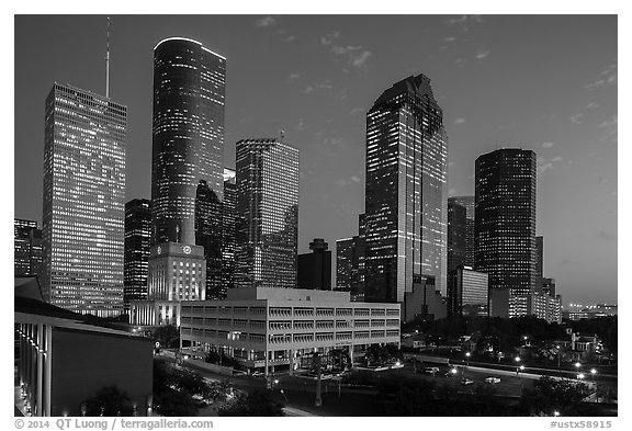 Skyline with lights at dusk. Houston, Texas, USA (black and white)