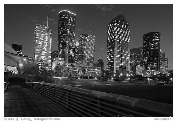 Skyline from footbridge at night. Houston, Texas, USA (black and white)