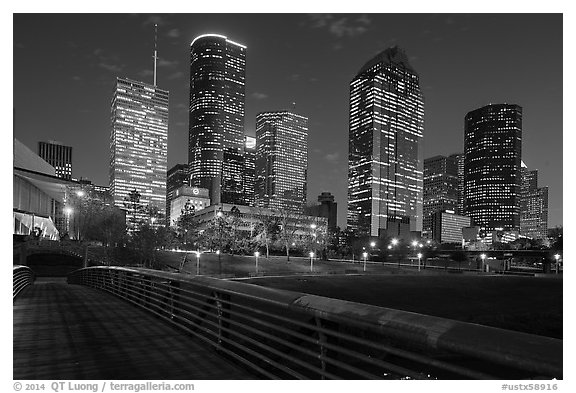 Skyline from footbridge at night. Houston, Texas, USA (black and white)