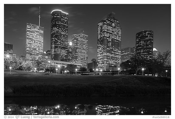 Dowtown skyline at night. Houston, Texas, USA (black and white)