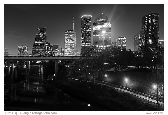 Buffalo Bayou and skyline at night. Houston, Texas, USA (black and white)
