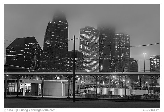 Downtown skyline on foggy dawn. Houston, Texas, USA (black and white)