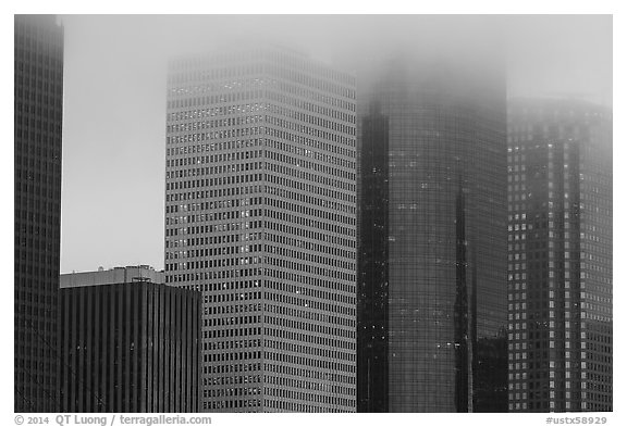 Skyscrapers in the fog at dawn. Houston, Texas, USA (black and white)