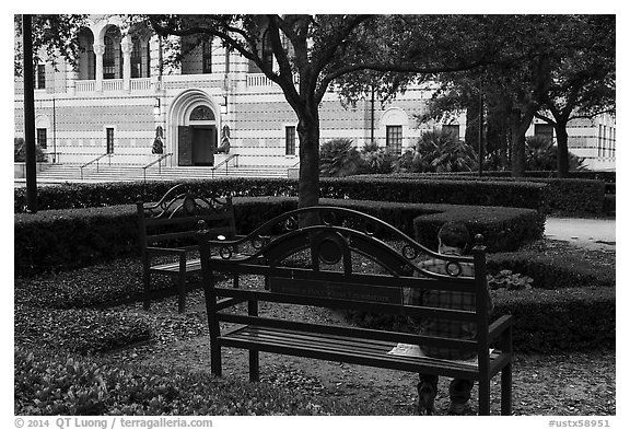 Man reading on bench, Rice University. Houston, Texas, USA (black and white)
