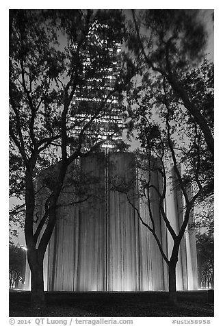 Gerald D. Hines Waterwall and Williams Tower at night. Houston, Texas, USA (black and white)