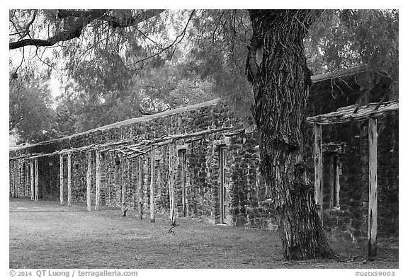 Protective wall, Mission San Jose. San Antonio, Texas, USA (black and white)