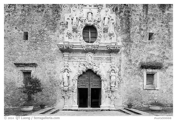 Facade of Mission San Jose church. San Antonio, Texas, USA (black and white)