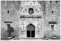 Facade of Mission San Jose church. San Antonio, Texas, USA ( black and white)