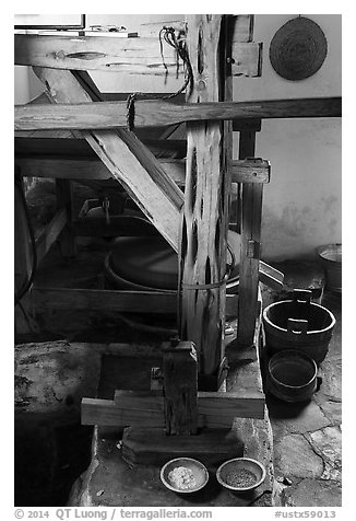 Interior of mill, Mission San Jose. San Antonio, Texas, USA (black and white)