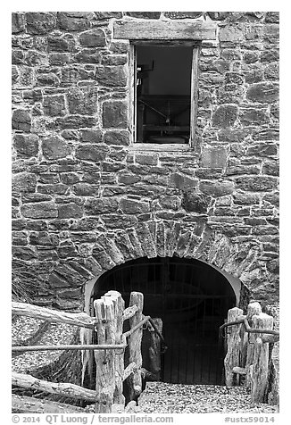 First mill in Texas, Mission San Jose. San Antonio, Texas, USA (black and white)