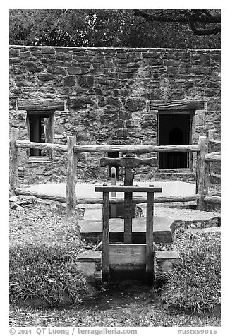 Mill and stream, Mission San Jose. San Antonio, Texas, USA (black and white)