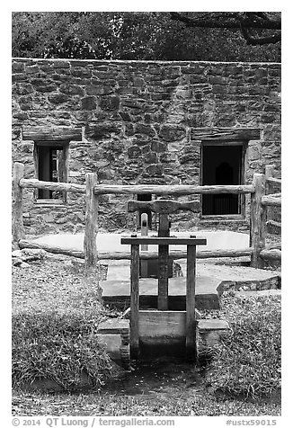 Mill and stream, Mission San Jose. San Antonio, Texas, USA (black and white)