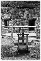 Mill and stream, Mission San Jose. San Antonio, Texas, USA ( black and white)