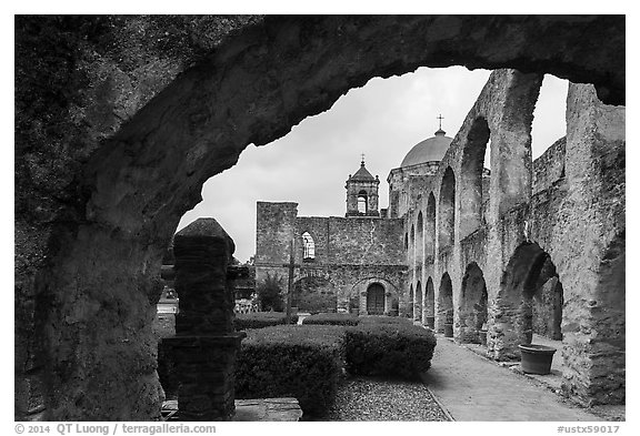 Convento and Church Dome, , Mission San Jose. San Antonio, Texas, USA (black and white)