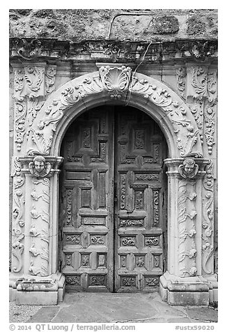 Rear portal to the church, Mission San Jose. San Antonio, Texas, USA (black and white)