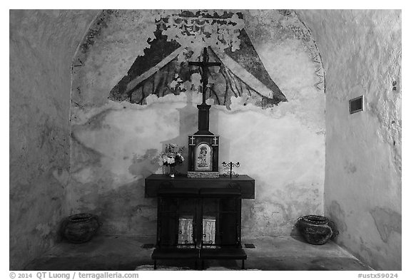 Secondary altar in adobe room, Mission Concepcion. San Antonio, Texas, USA (black and white)