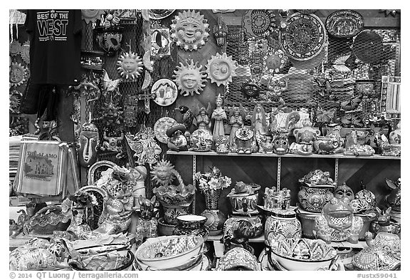 Handicrafts from Mexico for sale, Market Square. San Antonio, Texas, USA (black and white)