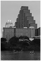 Water bicycles on Colorado River at dusk. Austin, Texas, USA ( black and white)