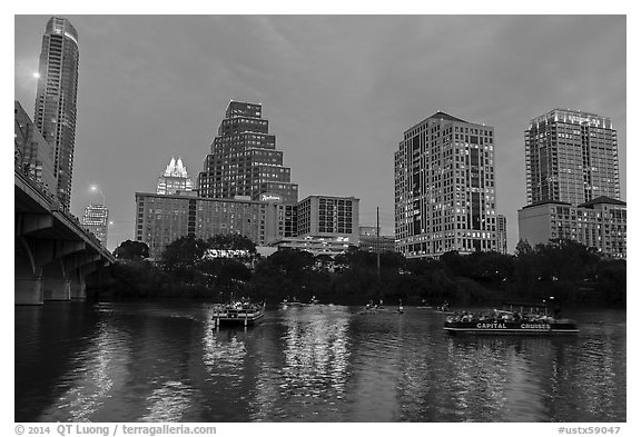 Tour boats on Colorado River. Austin, Texas, USA (black and white)