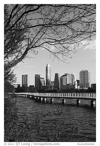 Skyline and Colorado River. Austin, Texas, USA (black and white)