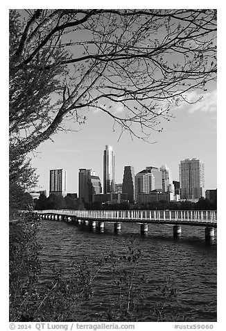 Skyline and Colorado River. Austin, Texas, USA (black and white)