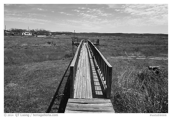 Deck over dried Buchanan Lake, Tow. Texas, USA (black and white)