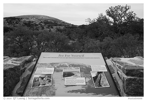 Interpretive sign, Enchanted Rock state park. Texas, USA (black and white)