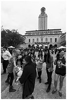 Students and Texas Tower, University of Texas. Austin, Texas, USA ( black and white)