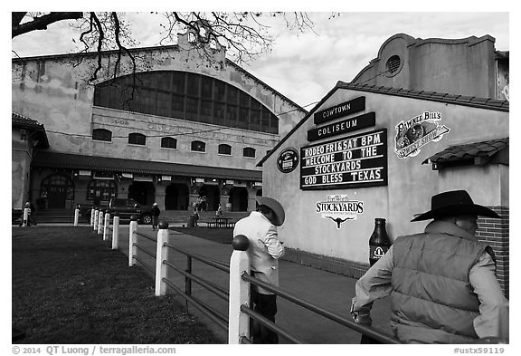 Men in front of Cowtown Coliseum. Fort Worth, Texas, USA (black and white)