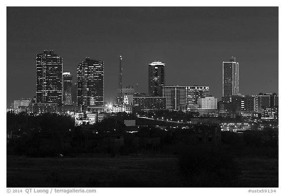 Skyline at night. Fort Worth, Texas, USA (black and white)