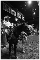 Men with horses and lassos, Stokyards Rodeo. Fort Worth, Texas, USA ( black and white)