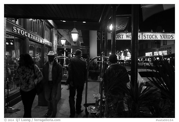 In front of Stockyards Hotel at night. Fort Worth, Texas, USA (black and white)