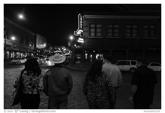 Fort Worth Stockyards at night. Fort Worth, Texas, USA (black and white)