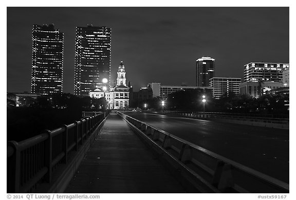 Bridge, courthouse, and skyline at night. Fort Worth, Texas, USA (black and white)