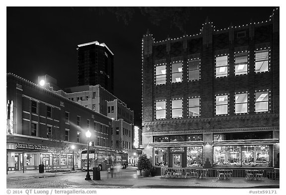 Dowtown street at night. Fort Worth, Texas, USA (black and white)