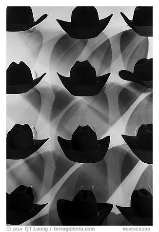 Dark cowboy hats for sale. Fort Worth, Texas, USA (black and white)