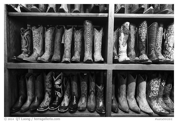 Leather cowboy boots for sale. Fort Worth, Texas, USA (black and white)