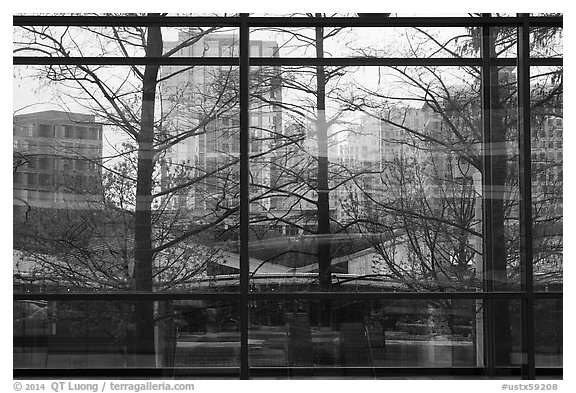 View and reflection through window, Crow Collection. Dallas, Texas, USA (black and white)