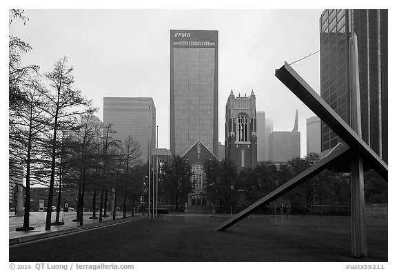 High rises seen from sculpture garden. Dallas, Texas, USA (black and white)