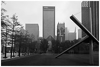 High rises seen from sculpture garden. Dallas, Texas, USA ( black and white)