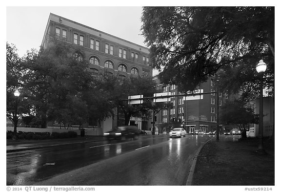 Elm Street with X marking JFK assassination spot and Texas School Book Depository,. Dallas, Texas, USA (black and white)